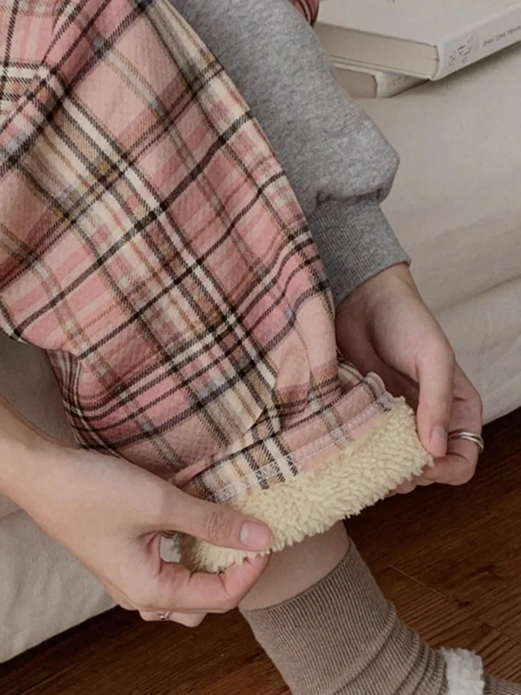 Polyester Plaid Wide Leg Pants for Women Fall Winter