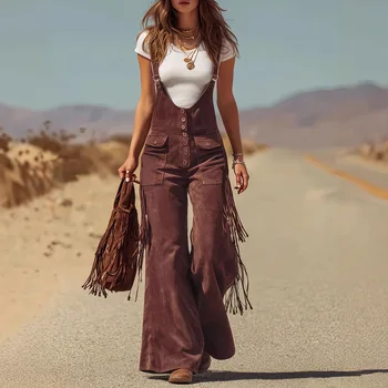 2026 Hot Sale Women Vintage Western Suede Fringe Wide Leg Overalls Retro Casual Cargo Long Pants Streetwear