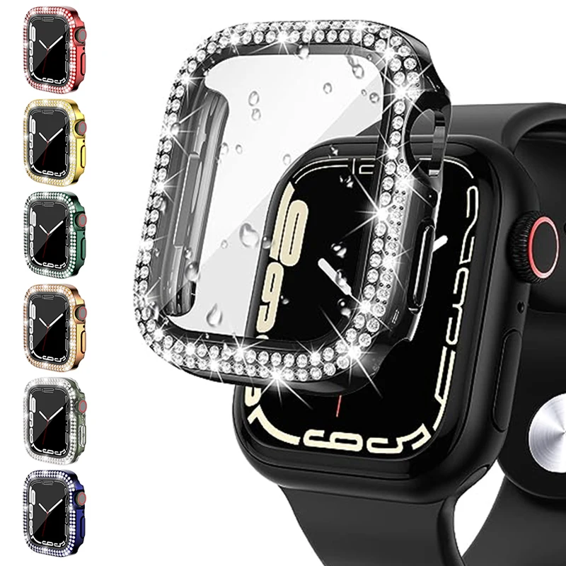 

Закаленное стекло + крышка для Apple Watch 41 мм 45 мм 44 мм 40 мм 42 мм 38 мм, Алмазная Защитная пленка для экрана, зеркальная защита для iWatch серии 9 6 5 4 3 se 7 8