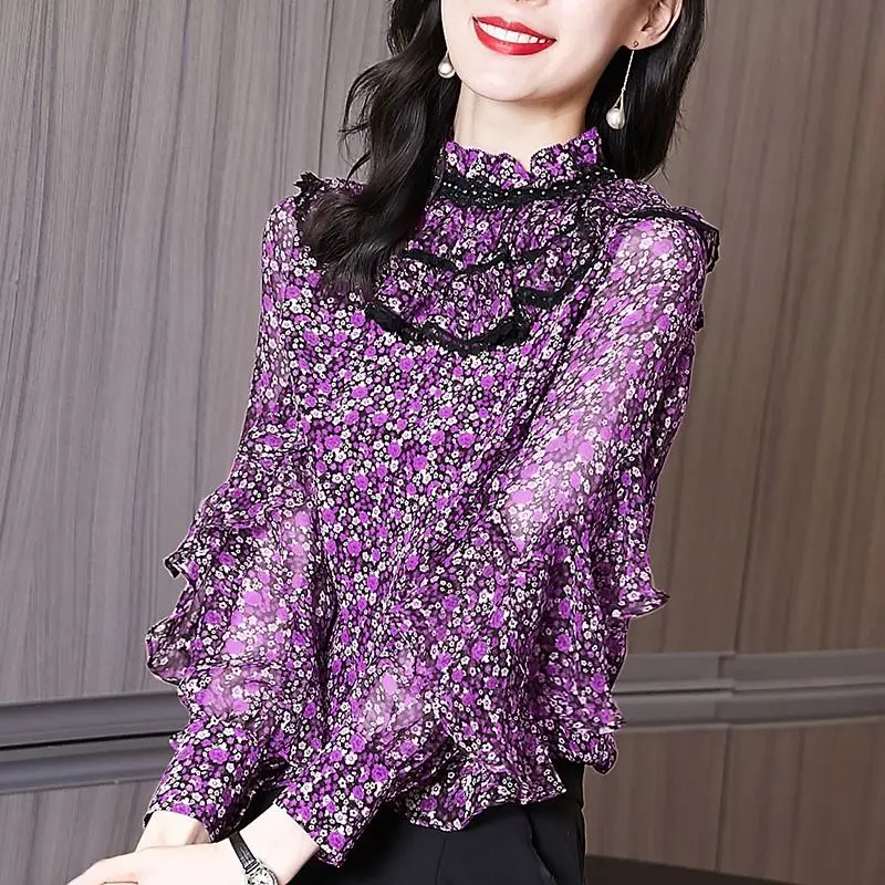 Vintage Broken Flowers Printed Shirt Female Clothing Stand Collar Lace Spring Autumn Long Sleeve Stylish Ruffles Spliced Blouse