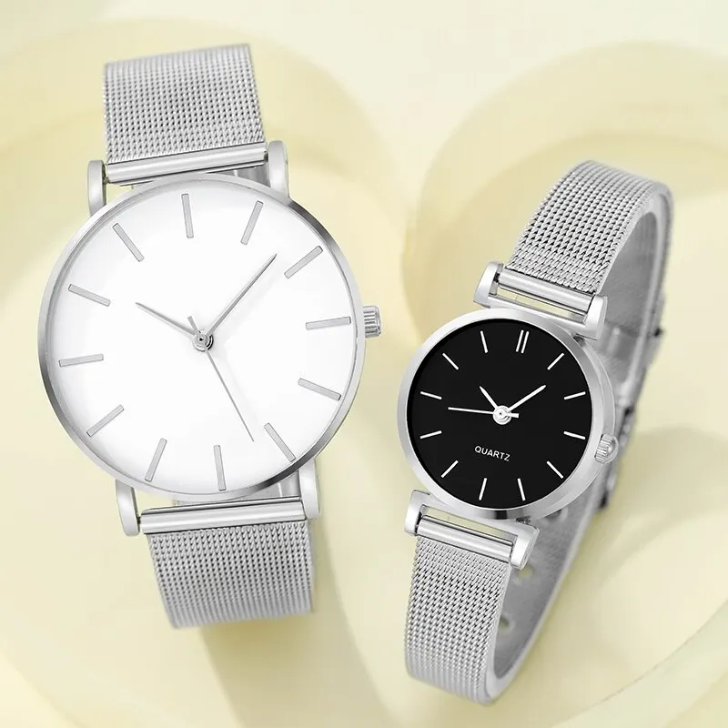 Quartz Watch 2pcs Stainless Steel For Women Men Leisure Fashion Golden Ladies Clock Wristwatch