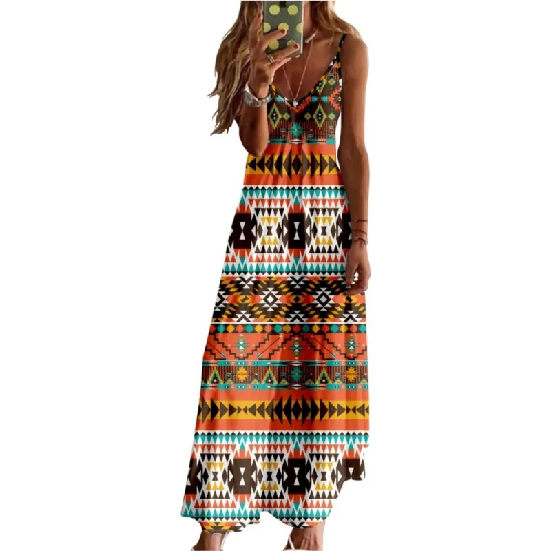 

Fashion Ladies Sling Prom Dress Medieval Retro Aztec Ethnic Style Waist Slim Sling Dress vestido de festa de qualidade