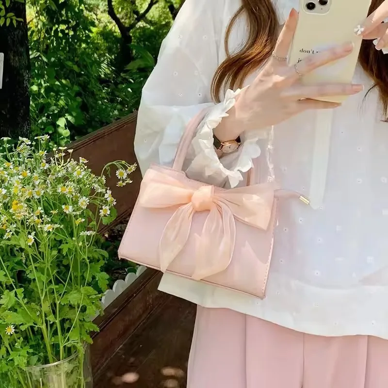 New Women's Clutch Purse Handbags Elegant Pink Bowknot Female Underarm Bags Sweet Girl's Small Square Shoulder Messenger Bag