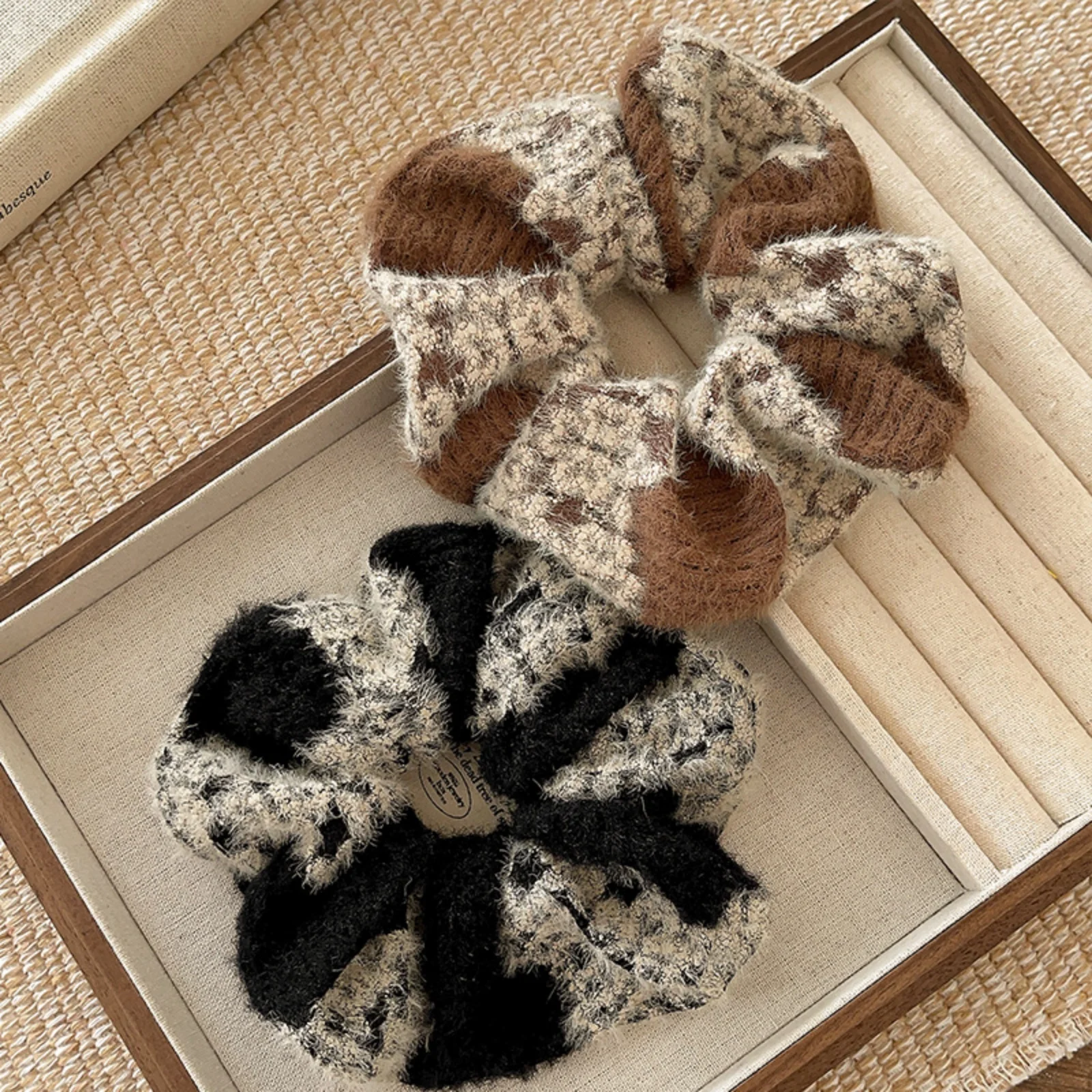1PC Fuzzy Plaid Scrunchies,Black Brown Hair Ties, Soft Fluffy Knit Hair Accessories, Stylish Winter Hair Decor