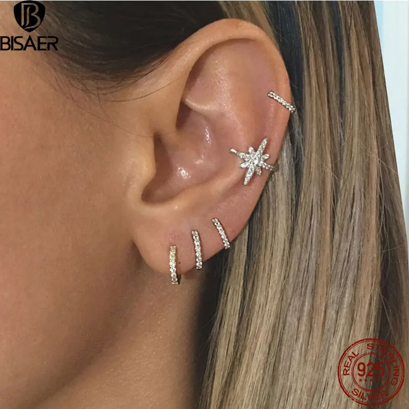 

BISAER 925 Sterling Silver Hoop Ear Buckles Simple Zircons Earrings For Women Small Hoop Ear Bone aros aretes Huggie Studs