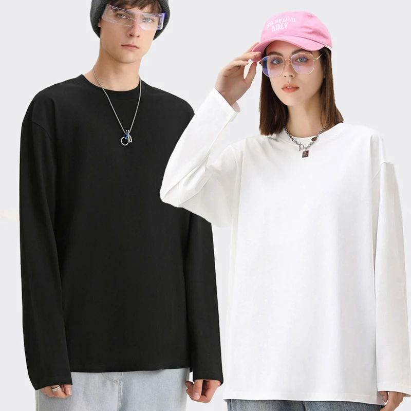 

Autumn New 100% Cotton White Black T Shirt Men Causal O-Neck Basic Long Sleeve Harajuku Tops Tees