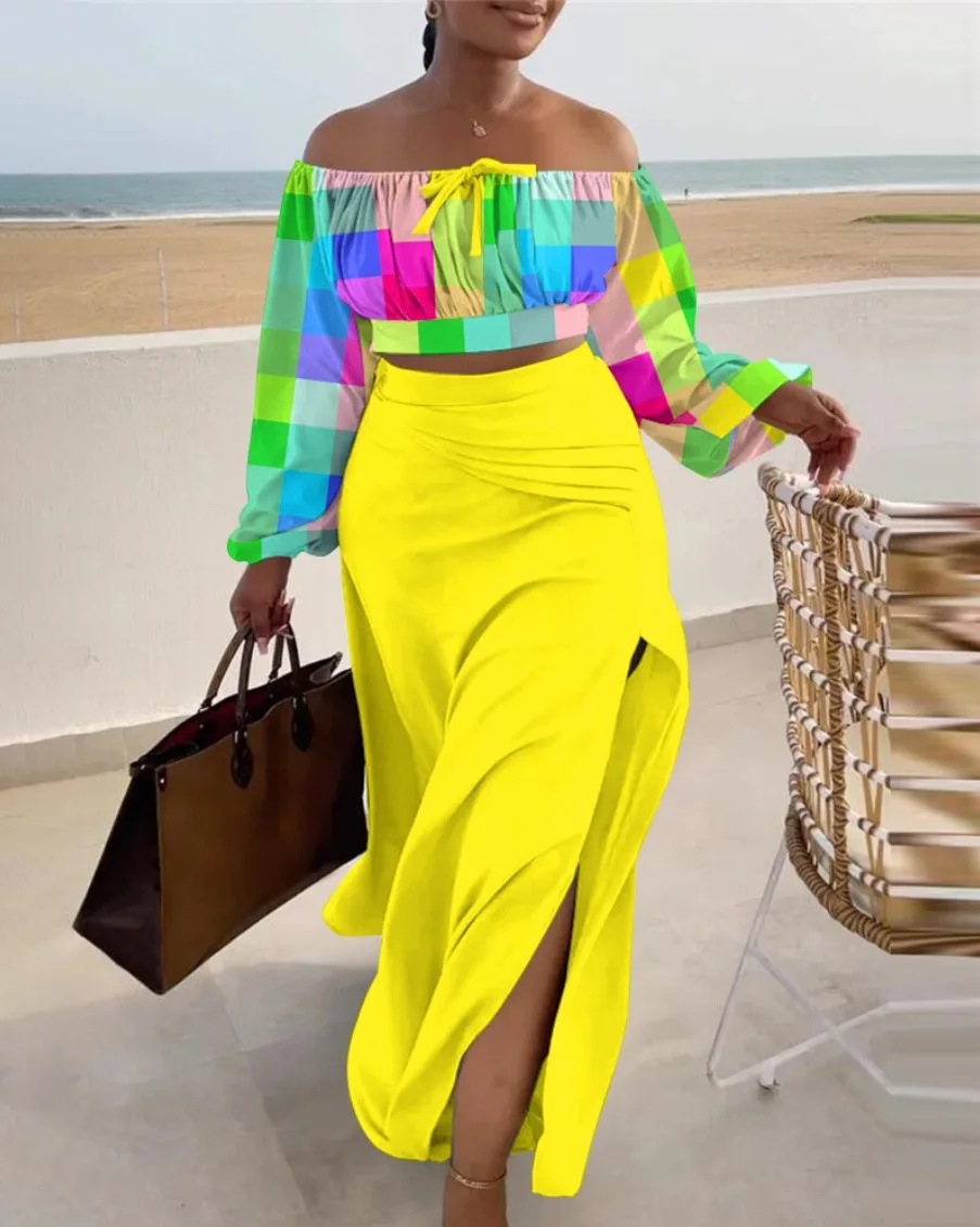 

Autumn Boho Print Skirt Two Piece Set For Women Sexy Off Shoulder Long Sleeve Top And Split Maxi Dress 2 Piece Sets Women Outfit