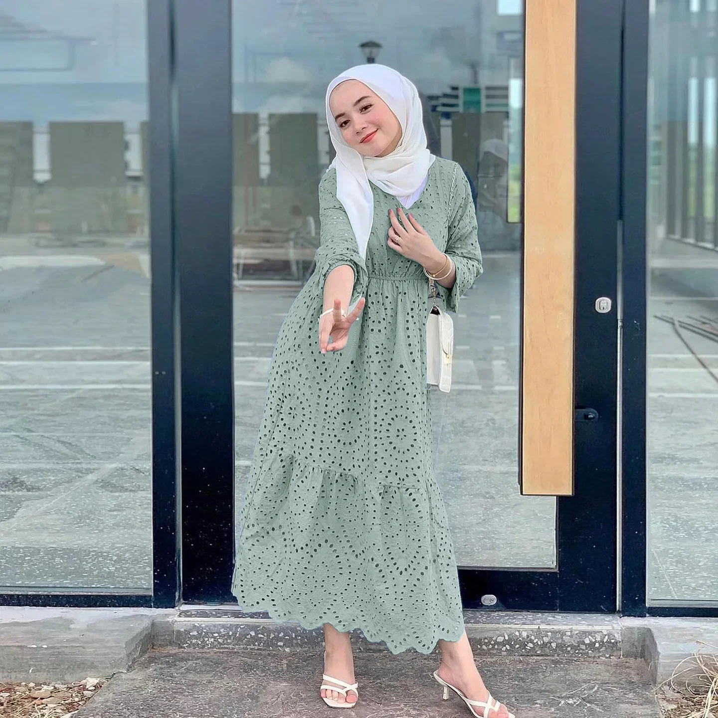 Women Muslim Out Lace Dress Soft Elegant Solid Long  Loose Waist  Casual Elegant Party Dress Hijabs for Girls Muslim