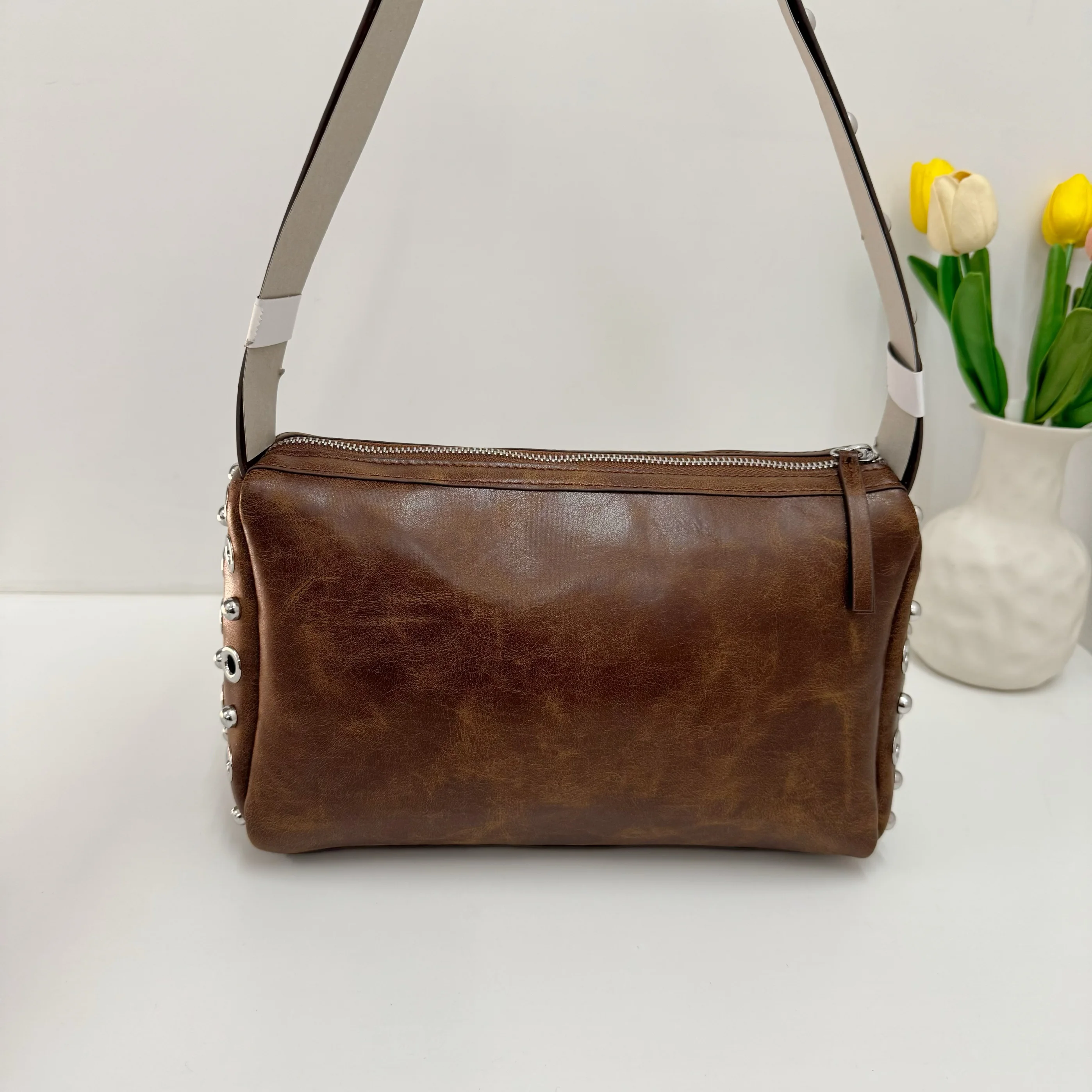 Women PU Eyelet Shoulder Underarm Bag Large Capacity Stylish Armpit Top Handle Bag Motorcycle Style Shoulder Bag