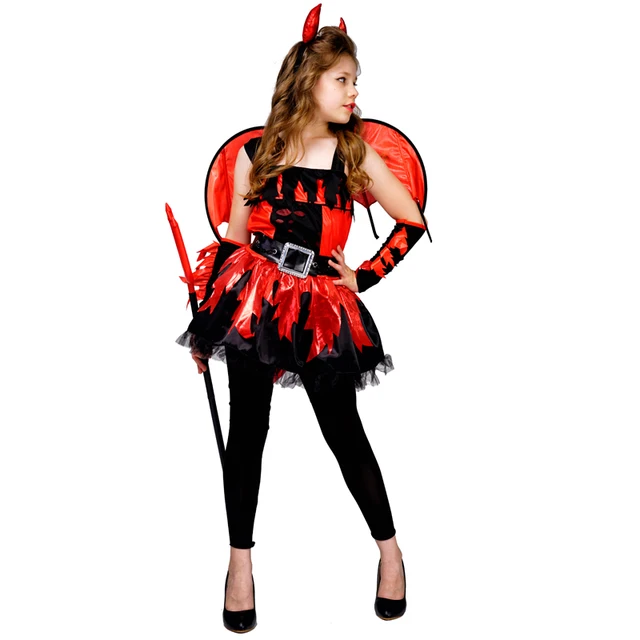 Devil Girl Halloween Devil Costume Horror Scary Red Devil Costume Winged with Horn