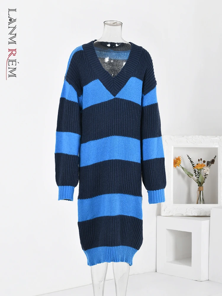 

LANMREM Casual Striped Knitted Long Sweater Women V Neck Contrast Color Loose Pullovers Fashion 2024 Winter New Clothing 2R5523