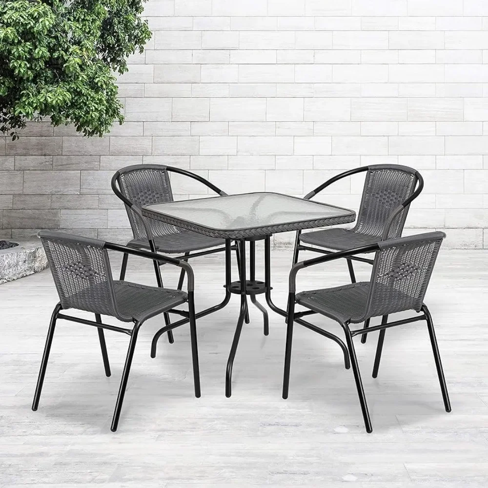

28'' Square Glass Metal Table With Gray Rattan Edging and 4 Gray Rattan Stack Chairs Garden Furniture Set Patio Outdoor
