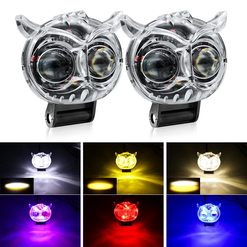 

Colorful LED Motorcycle Owl Spotlights High Low Beam Front Fog Lights Dual Color External Electric Vehicle Modified Headlights