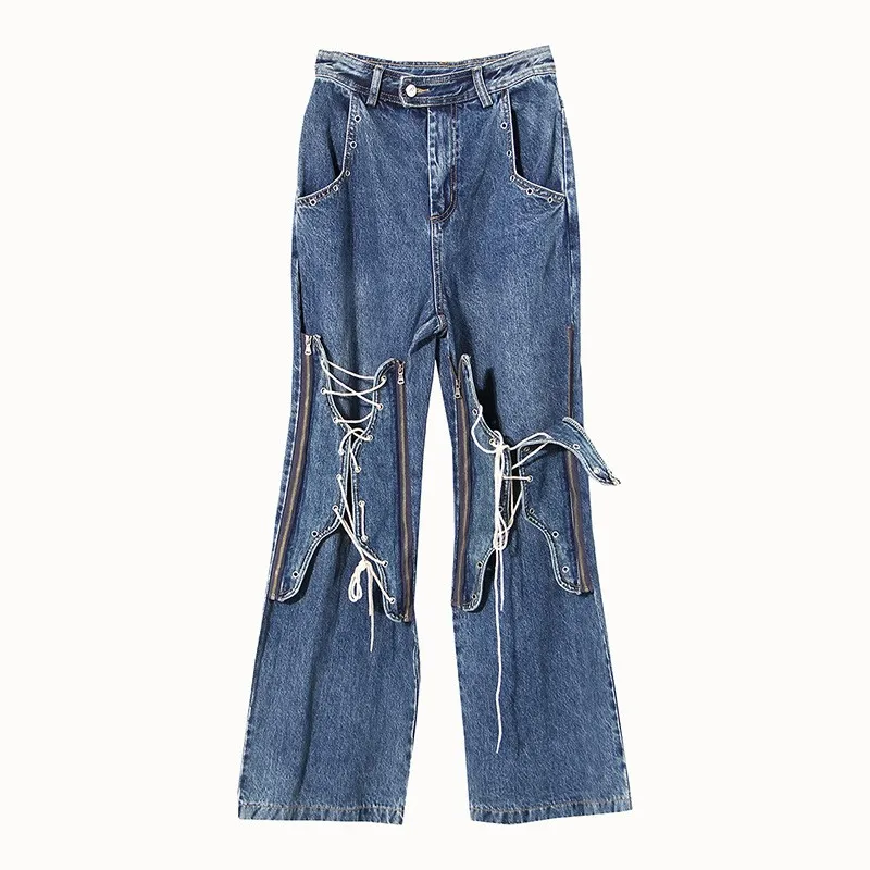 

Women High Waist Denim Flare Pants Patchwork Lace-up Zipper Cross Bandage Pockets Long Trousers Streetwear Casual Versatile 2023