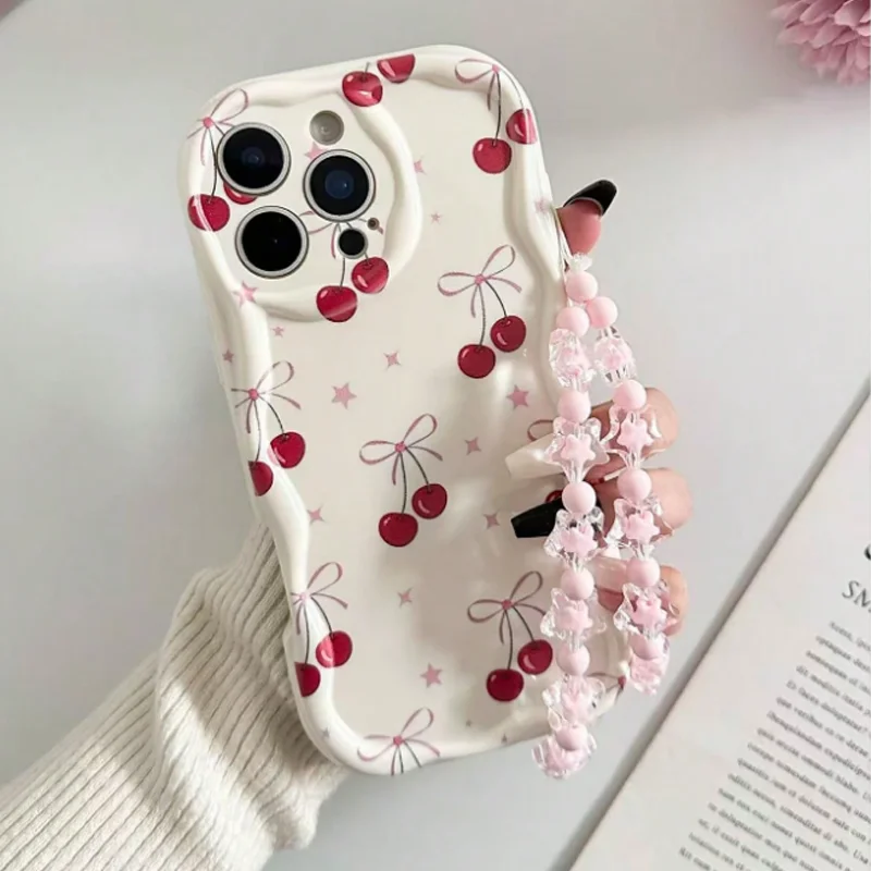 Red Cherry Bow Wavy Cream-Edge iPhone Case with Pink Beaded Strap