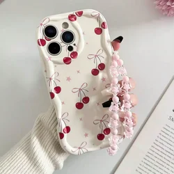 Elegant Red Cherry Bow Phone Case with Pink Beaded Strap and Cream Edging - Coquette Shockproof Design - iPhone 15 Plus (Apricot)