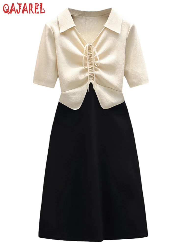 

Women's Summer New Fashion Draw String Bodycon Dress 2024 Fake Two Pieces Casual Office Lady Dresses Korean Elegant Formal Dress