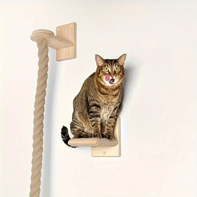 1 Piece Wall-mounted Cat Climbing Rope Solid Wooden Pedals And  Sisal Rope Kitten Training Claw Grinding Indoor Cat Furniture 2
