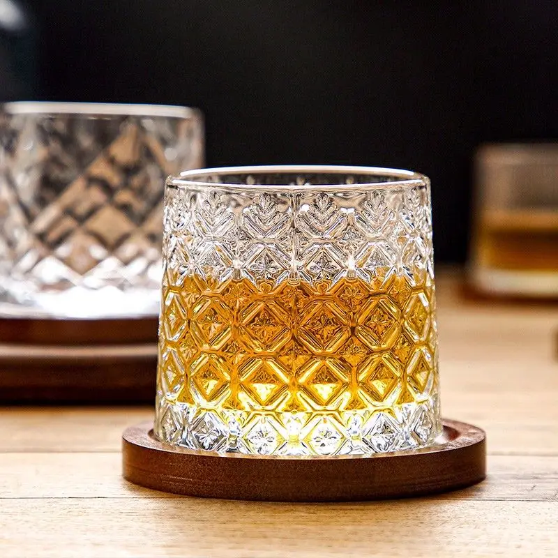 Creative Rotary Whiskey Glass Cup with Coaster Transparent Juice Cup Crystal Wine Tumbler Vodka Cognac Brandy Snifter Shake