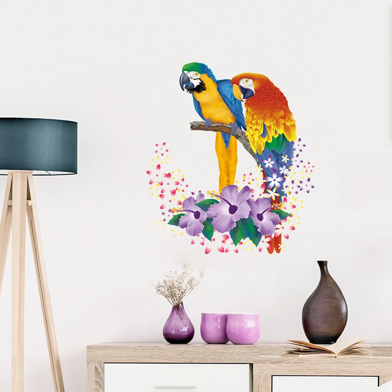 

T400# Hand-Painted Flowers And Parrots Wall Sticker Bathroom Toilet Decor Living Room Cabinet Refrigerator Home Decals