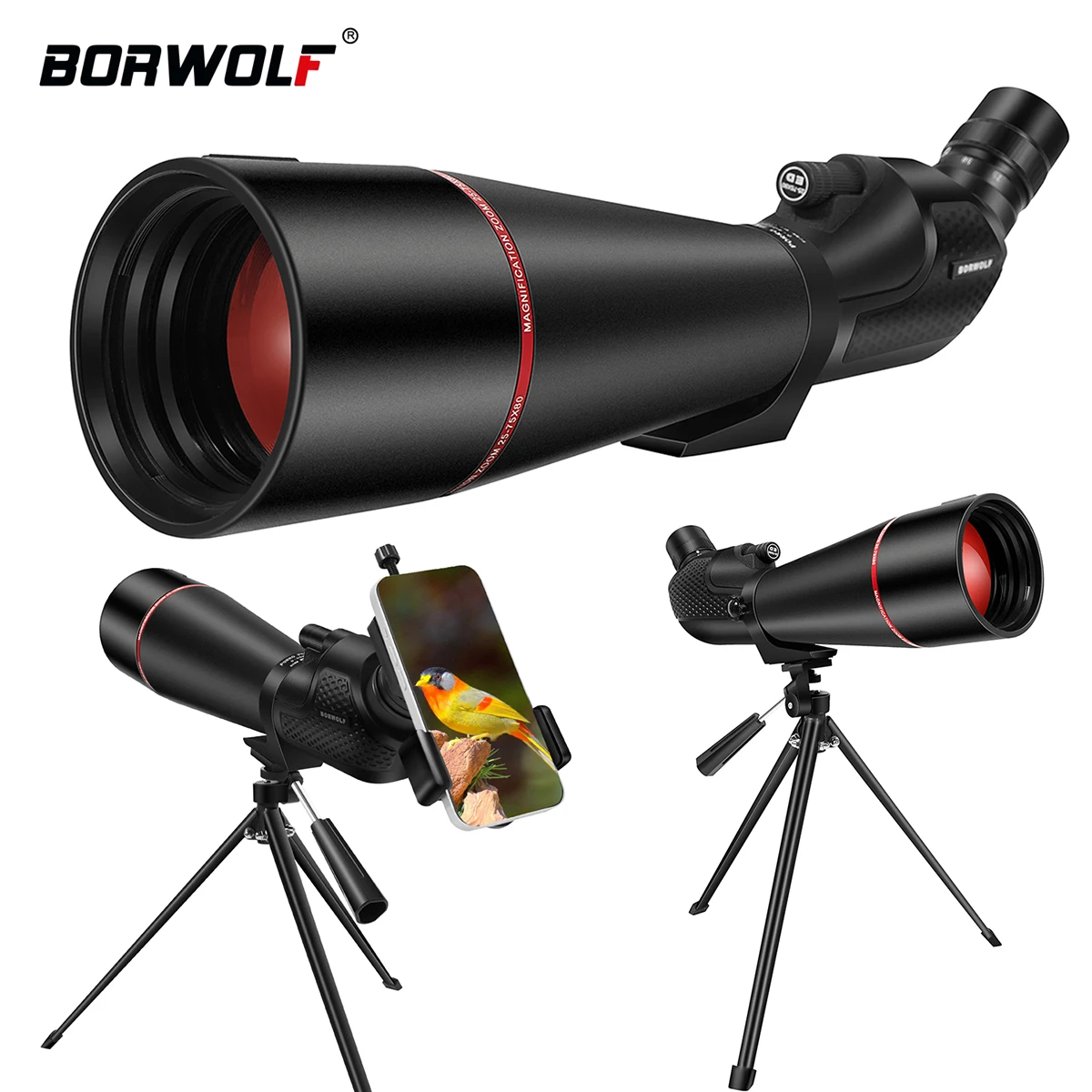 BORWOLF 25-75x80 télescope longue-vue puissant Zoom monoculaire BAK4 étanche pour l'observation des oiseaux tir cible avec trépied