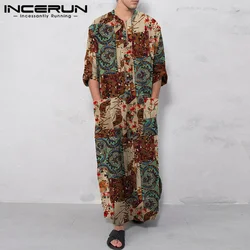 INCERUN 2023 Casual Simple New Men Robe Muslim Style Hot Sale Male Loose Comfortable Ethnic Printed Long-style Jubba Thobe S-5XL