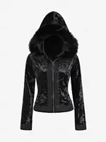 ROSEGAL Plus Size Gothic Fur Coats Black Full Zipper Applique Panel Fur Trim Fluffy Collar Long Sleeves Velvet Coat Outwears 1