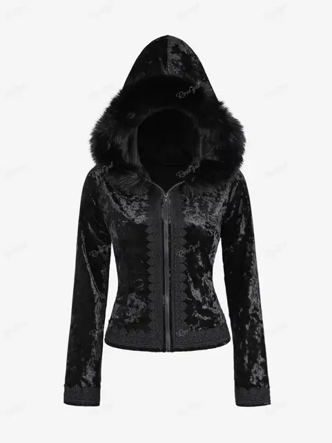 ROSEGAL Plus Size Gothic Fur Coats Black Full Zipper Applique Panel Fur Trim Fluffy Collar Long Sleeves Velvet Coat Outwears 1