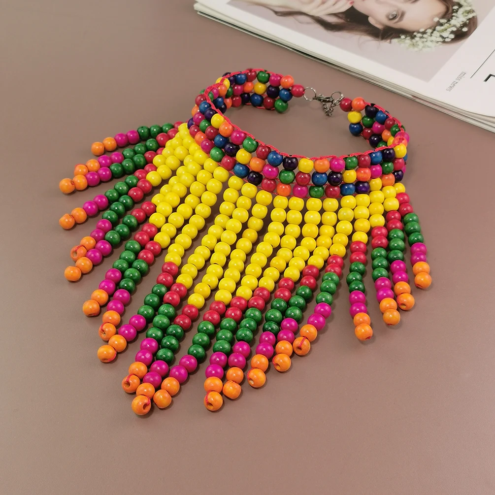 Wood Jewelry Handmade Beaded Bb Statement Necklace For Women Pnk