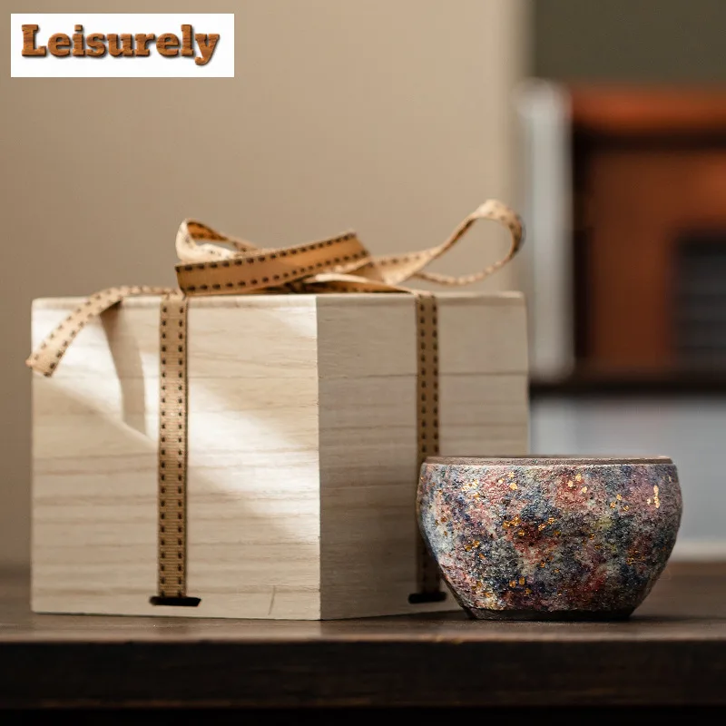 100ML Ancient Long Kiln Rock Mine Ceramic Park Cup Handmade Gold Pointing Meditation Teacup Tasting Master Tea Bowl Mug Gift Box