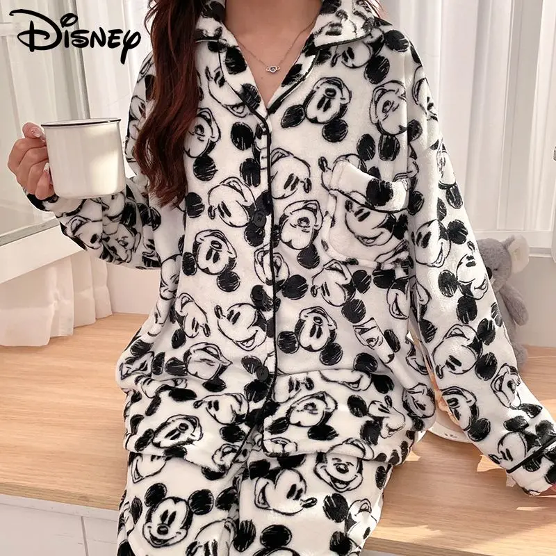 

Disney Cartoon Mickey Korean Style Home Clothes Y2k Soft Plush Cardigan Tops Pants 2 Piece Set Women Coral Fleece Pajamas Suit