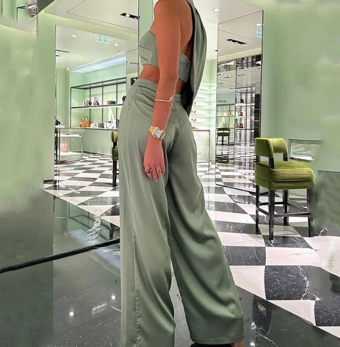 Two Pieces Casual Women Outfits 2023 Autumn New Fashion Sexy Hanging Neck Oblique Shoulder Bra Tank Top Wide Leg Trouser Set