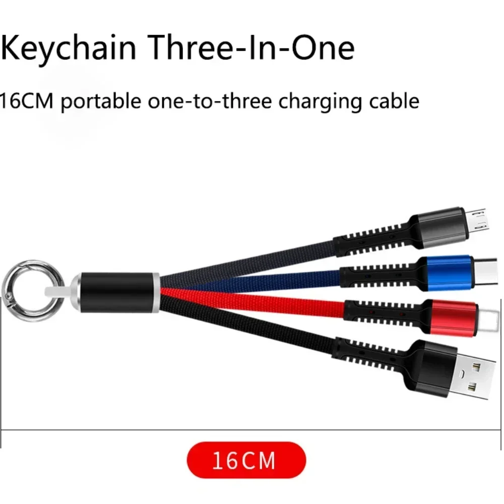 Luminous Keychain 3 In 1 USB Cable Micro USB Type C 8pin V8 Fast Charging Cable For iPhone 14 13 12 11 Xiaomi Redmi Charge Cord