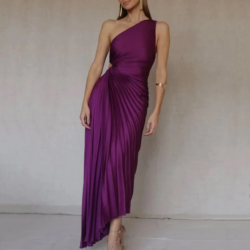 

Elegant One Shoulder Pleated Evening Dresses Hollow Waist Diagonal Collar Women Maxi Long Prom Dress For Wedding Guest Vestidos