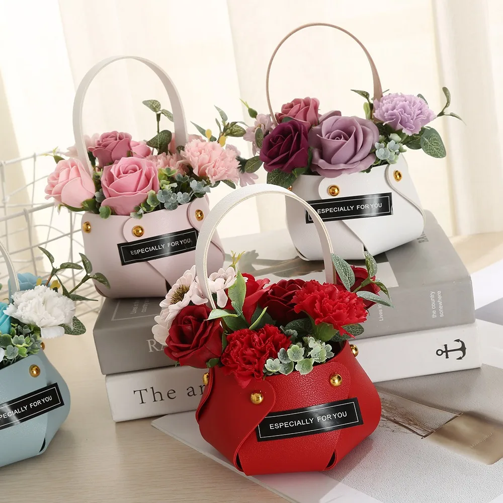 

Leather Handbag Shape Flower Basket Artificial Flower Simulated Flower Exquisite Rose Bouquet Plastic Flower Basket