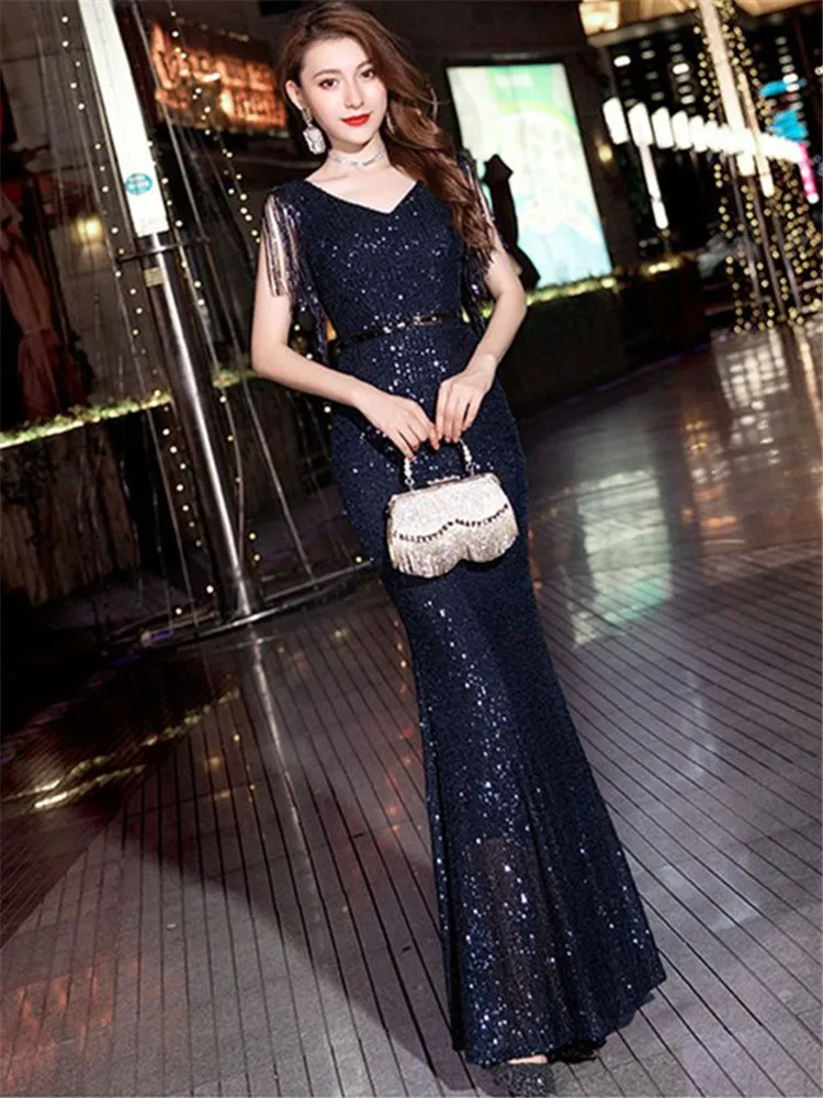 

Solid Color Fishtail Skirt Women's V-neck Sequined Fringe Sleeveless Slim-fit Dress M325