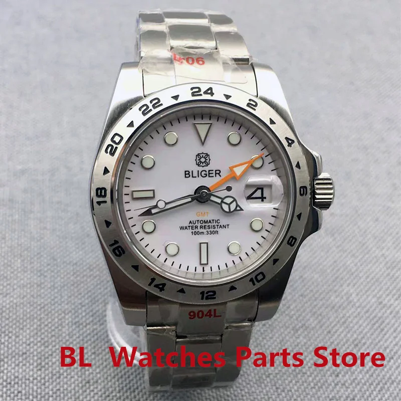 

BLIGER 40mm GMT Watch For Men NH34A DG3804 Automatic White Dial Orange GMT Hands Jubilee/Oyster Bracelet Sapphire Glass Luminous