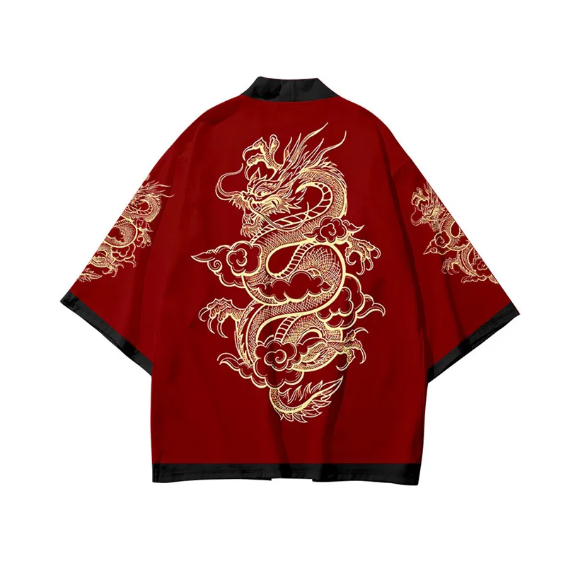 Two-piece Suit Japanese Cardigan Men Cosplay Dragon Print Yukata Red Kimono Shorts Sets Patchwork Asian Traditional japanese kimono cardigan,japanese kimono,japanese kimono shirt