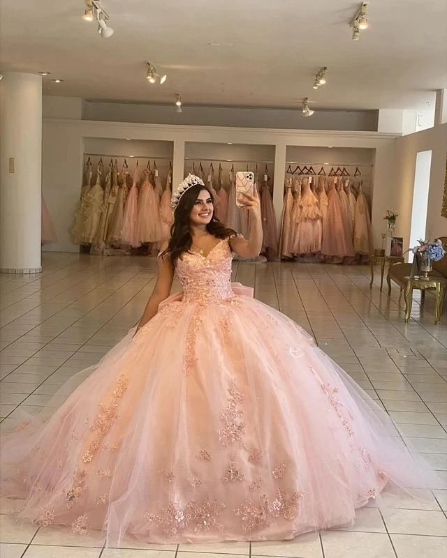 Quinceanera Dresses ANGELSBRIDEP Pink Bow Quinceanera Dresses Off Shoulder Floral Beading Lace Vestidos De 15 Anos Formal Party Prom Dresses Corset