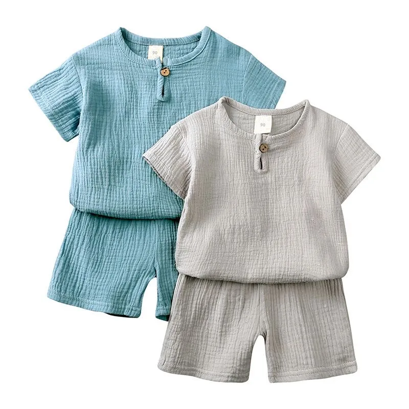 

Boys Girls Summer Outfits Clothes Baby Muslin Cotton Short Sleeves Shirt Shorts Suits Children Top+Pants Sets 2pcs 0-8T
