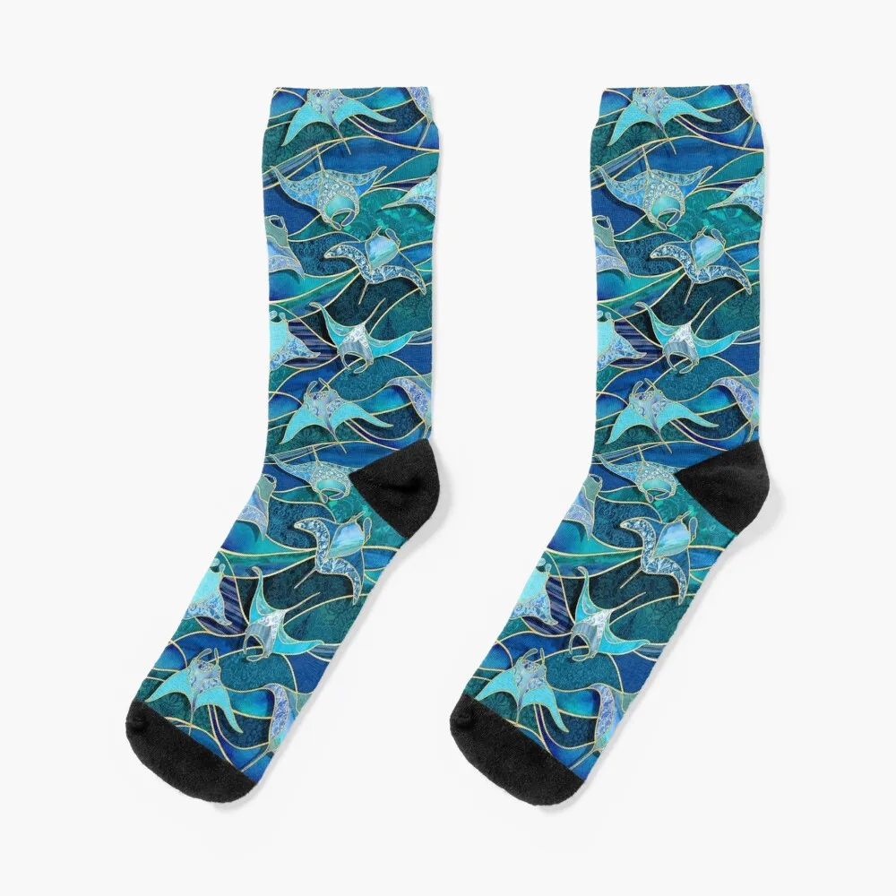 

Patchwork Manta Rays in Sapphire and Turquoise Blue Socks cotton Toe sports sport Men Socks Women's
