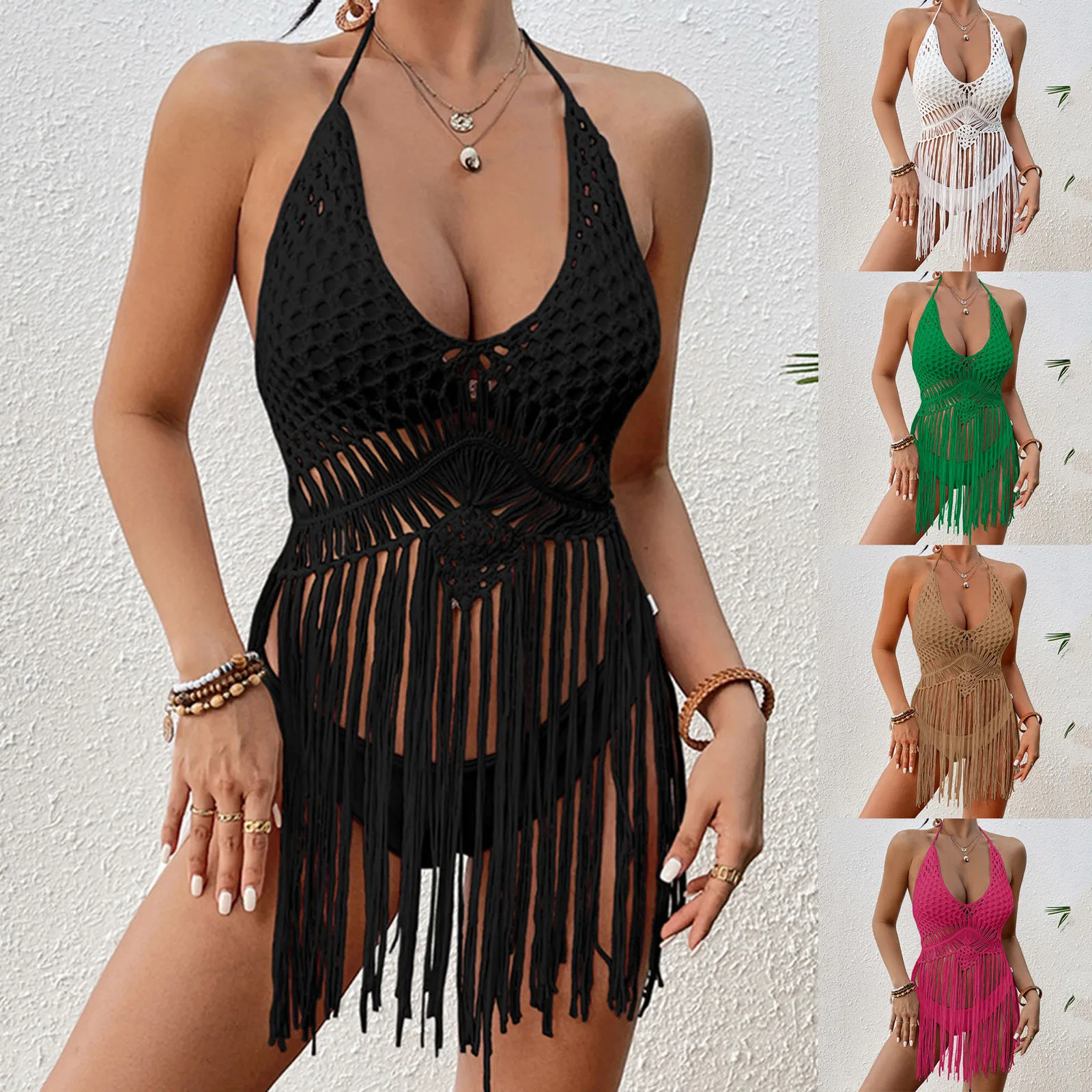 

Sexy Cover Ups Women Beach Vacation Sexy Hand Crocheted Strap Hollow Long Tassel Bikini Cover Up Cropped Top Summer Beach Wear