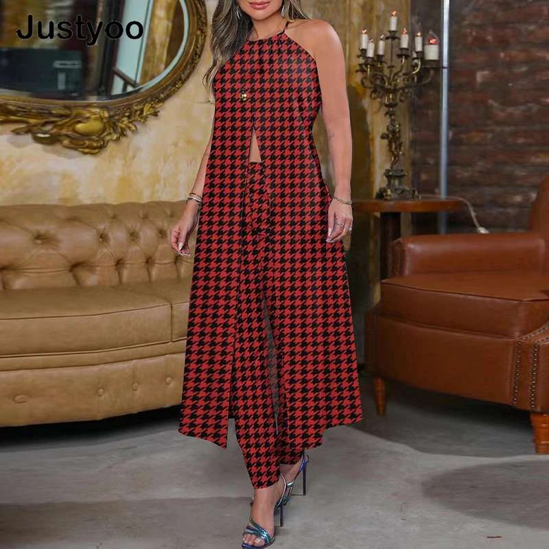 

New 2 Piece Sets Womens Outifits High Slit Longline Top Long Pants Set Fashion Elegant Sleeveless Cape Coat Skinny Pants Suit