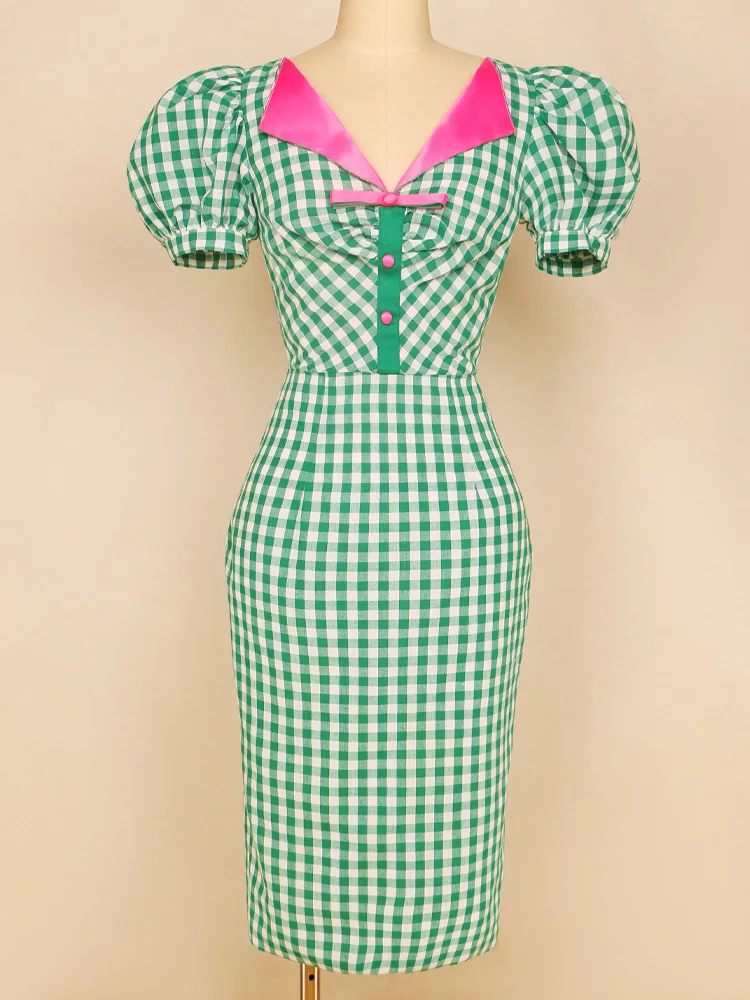 

French Vintage Green Checkered Back Split Bow Dress With Bubble Sleeves Vintage Hepburn Slim Fit Waist Wrap Hip Commuter Dress