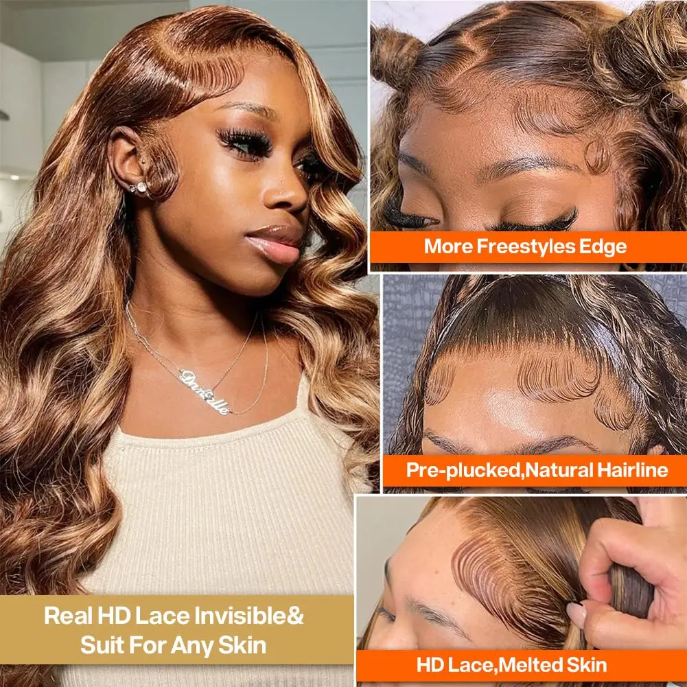 34 Inch Honey Blonde Ombre 13x4 Lace Front Wigs Human Hair Pre Plucked with Baby Hair 250% Density 4/27 Highlight Colored 2