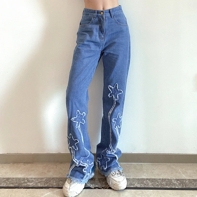 Raw Edge Washed Star Patch Oversized Flared Jeans Women Y2k Fashion Street Clothing Retro High Waist Baggy Denim Trousers