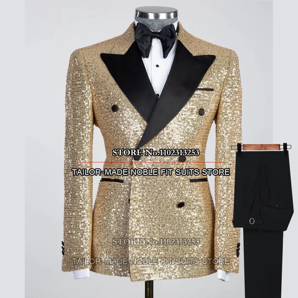 

Sparkly Sequins Men's Suits For Wedding Black Peaked Lapel Jacket Pants 2 Pieces Formal Groom Tuxedos Custom Made Business Dress