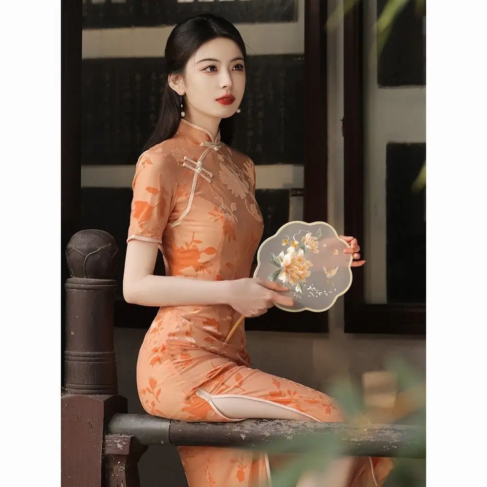 

Improved Cheongsam Dress Qipao 2024 New Young Girl Orange Summer Daily Wearable Long Dress Chinese Summer Women Clothing