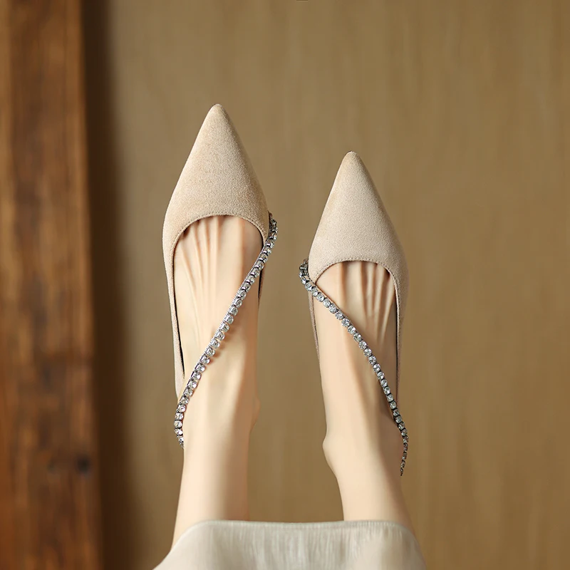 Women's Crycle Chain Pumps Pointed Toe Comfy Square Heels Shoes Flock Casual Footwear