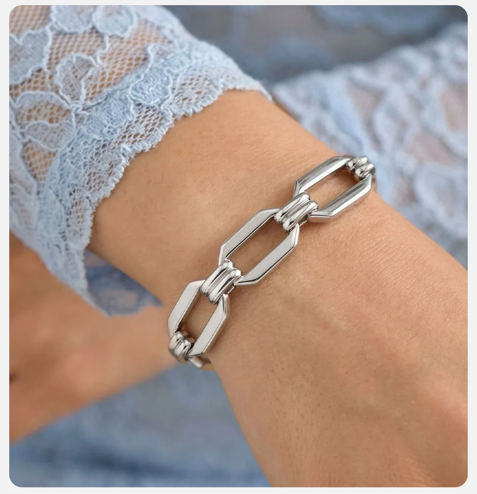 Vnox Minimalistisches Silberbeschichtetes Handgefertigtes Geometrisches Armband Edelstahl Klobige Kettenarmbänder Wasserfester Schmuck Trendiges Geschenk – Detail 3